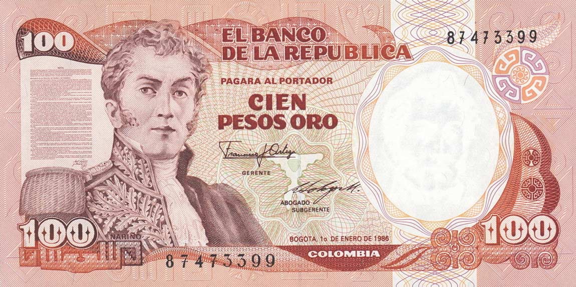 Front of Colombia p426b: 100 Pesos Oro from 1985