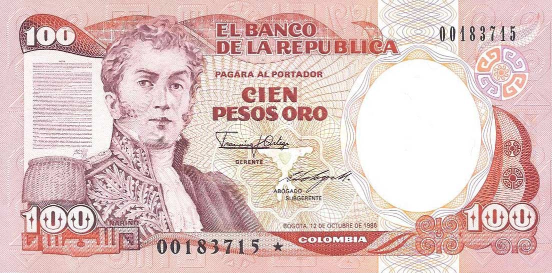 Front of Colombia p426c: 100 Pesos Oro from 1987