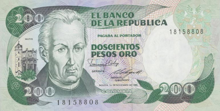 Front of Colombia p429c: 200 Pesos Oro from 1985