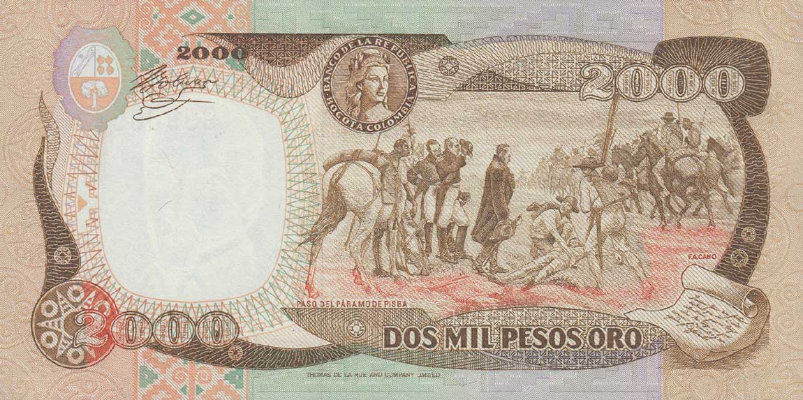 Back of Colombia p430c: 2000 Pesos Oro from 1985