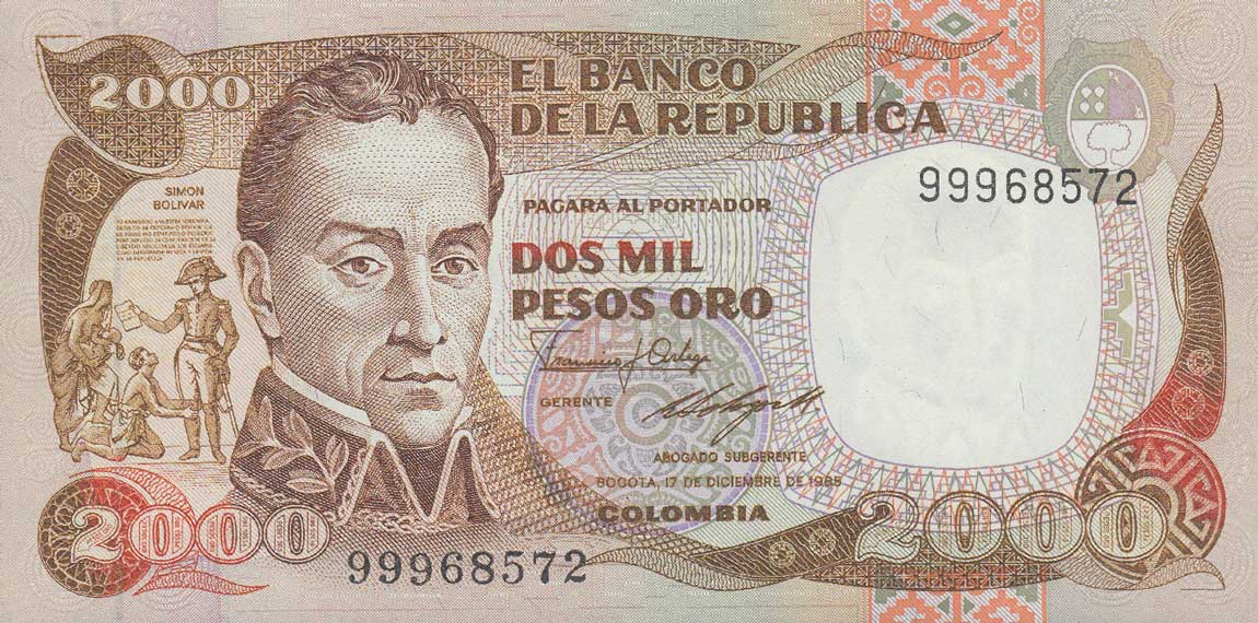 Front of Colombia p430c: 2000 Pesos Oro from 1985