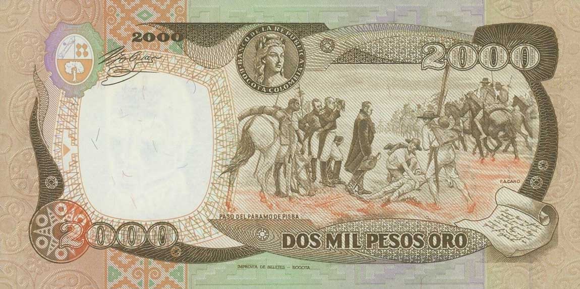 Back of Colombia p430d: 2000 Pesos Oro from 1986