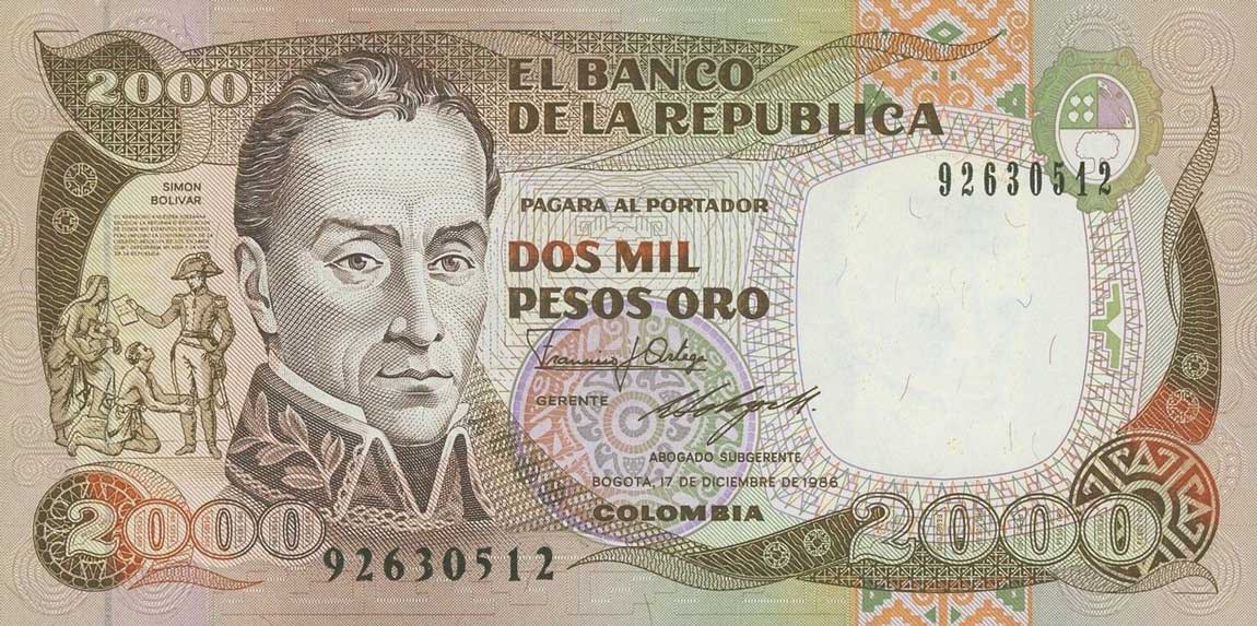 Front of Colombia p430d: 2000 Pesos Oro from 1986