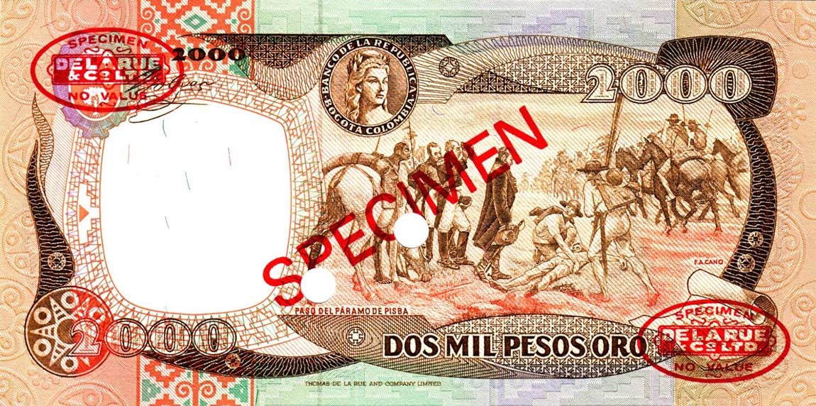 Back of Colombia p430s: 2000 Pesos Oro from 1983