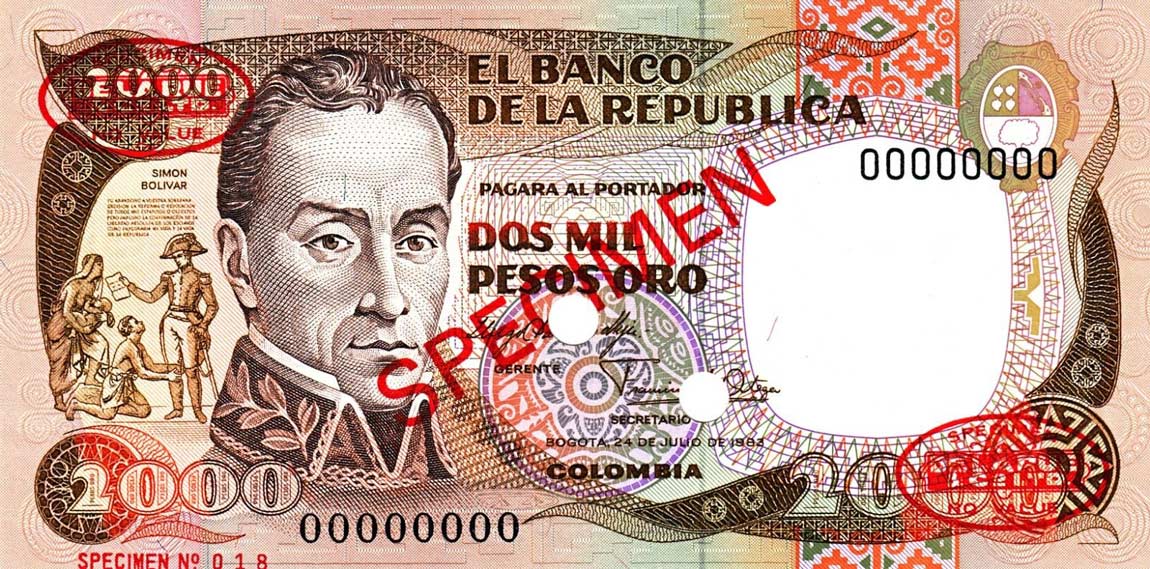 Front of Colombia p430s: 2000 Pesos Oro from 1983