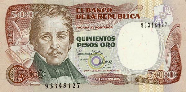 Front of Colombia p431A: 500 Pesos Oro from 1992