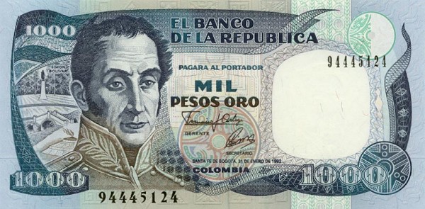 Front of Colombia p432A: 1000 Pesos Oro from 1992