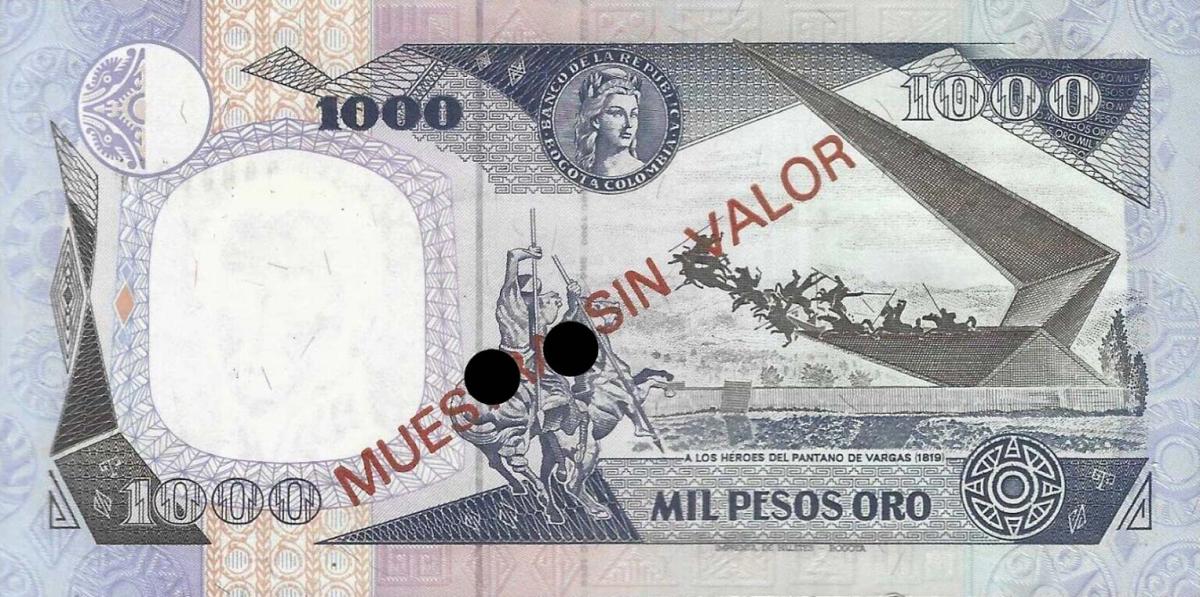 Back of Colombia p432s: 1000 Pesos Oro from 1987