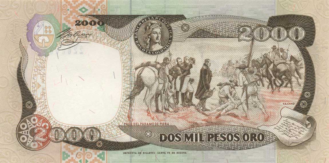 Back of Colombia p433Aa: 2000 Pesos Oro from 1992