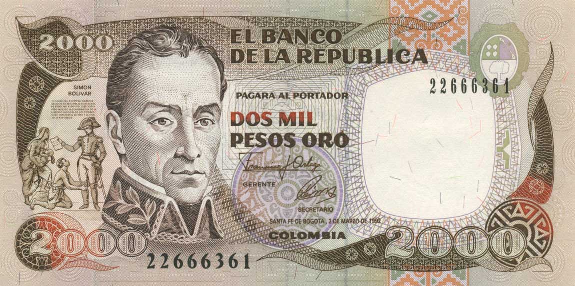 Front of Colombia p433Aa: 2000 Pesos Oro from 1992