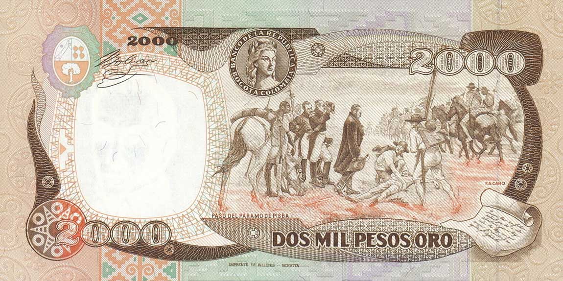 Back of Colombia p433r: 2000 Pesos Oro from 1986