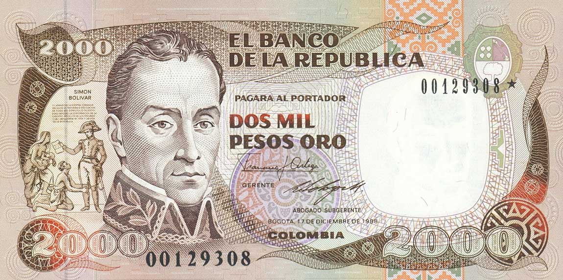 Front of Colombia p433r: 2000 Pesos Oro from 1986