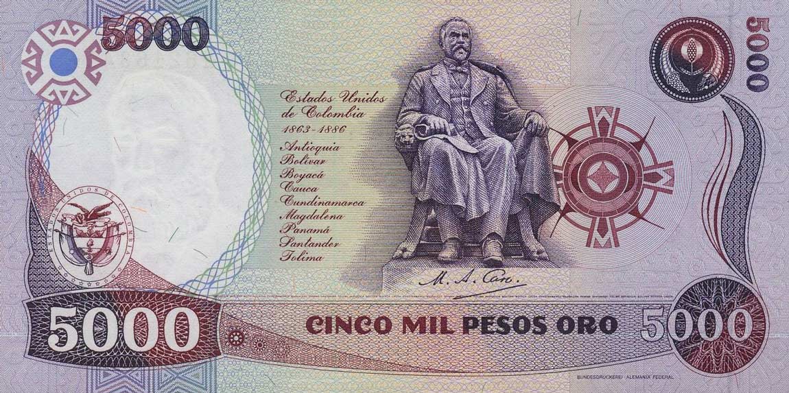 Back of Colombia p434a: 5000 Pesos Oro from 1986