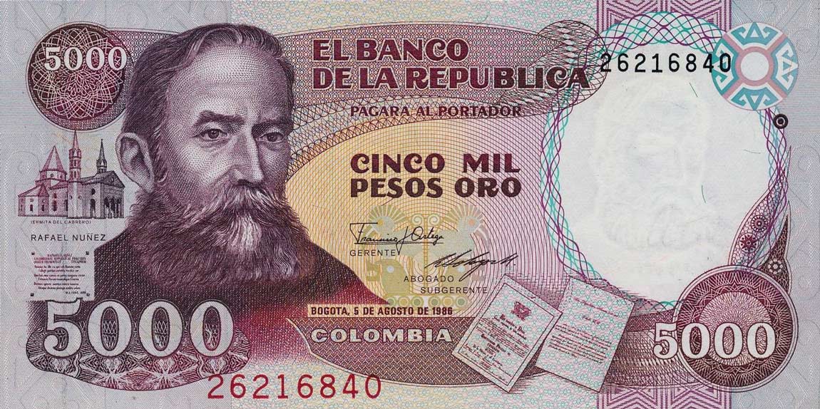 Front of Colombia p434a: 5000 Pesos Oro from 1986