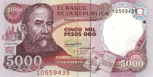 Front of Colombia p435a: 5000 Pesos Oro from 1987