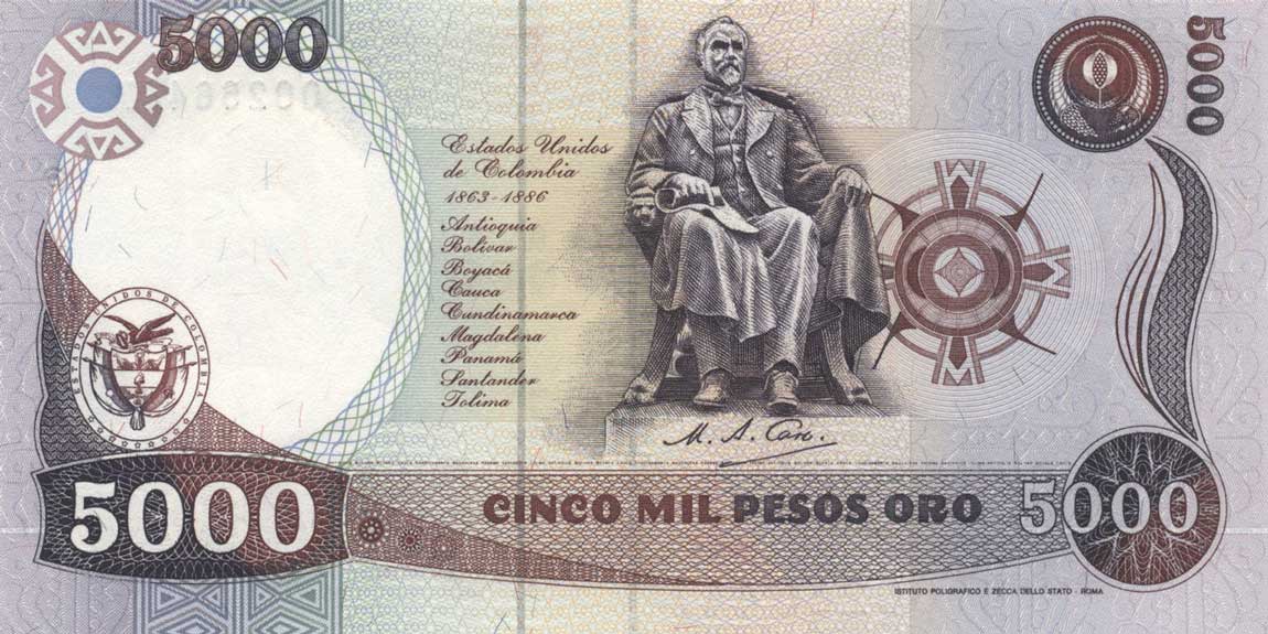 Back of Colombia p435b: 5000 Pesos Oro from 1988