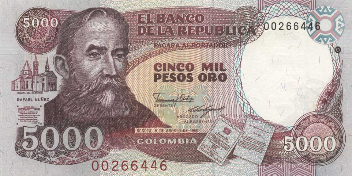 Front of Colombia p435b: 5000 Pesos Oro from 1988