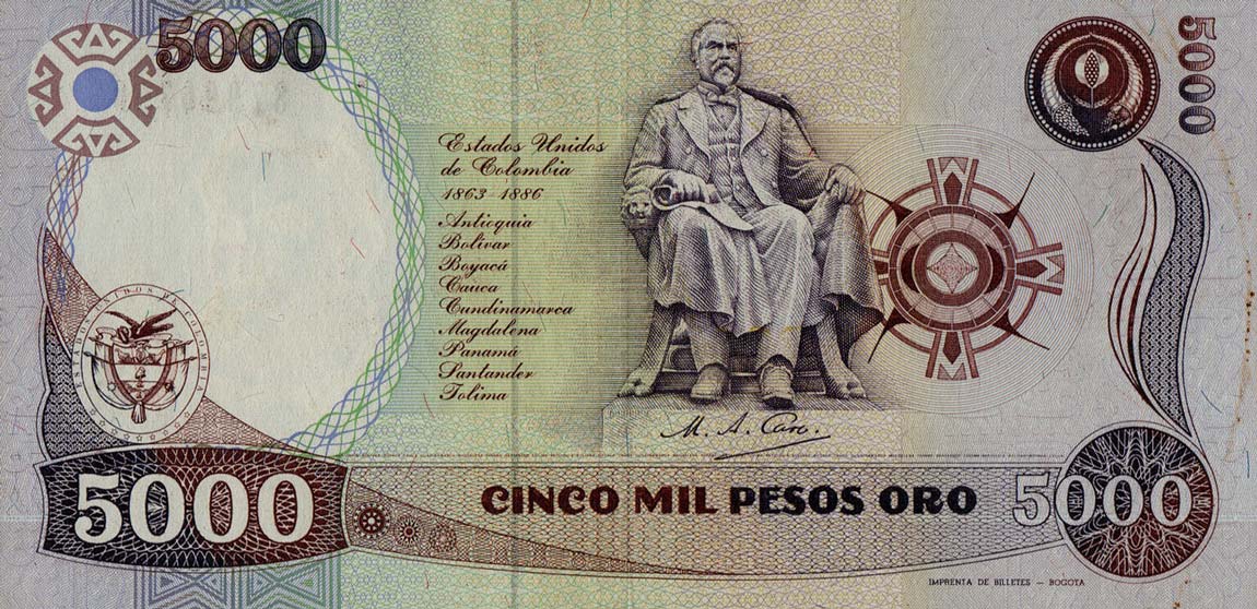 Back of Colombia p435c: 5000 Pesos Oro from 1990