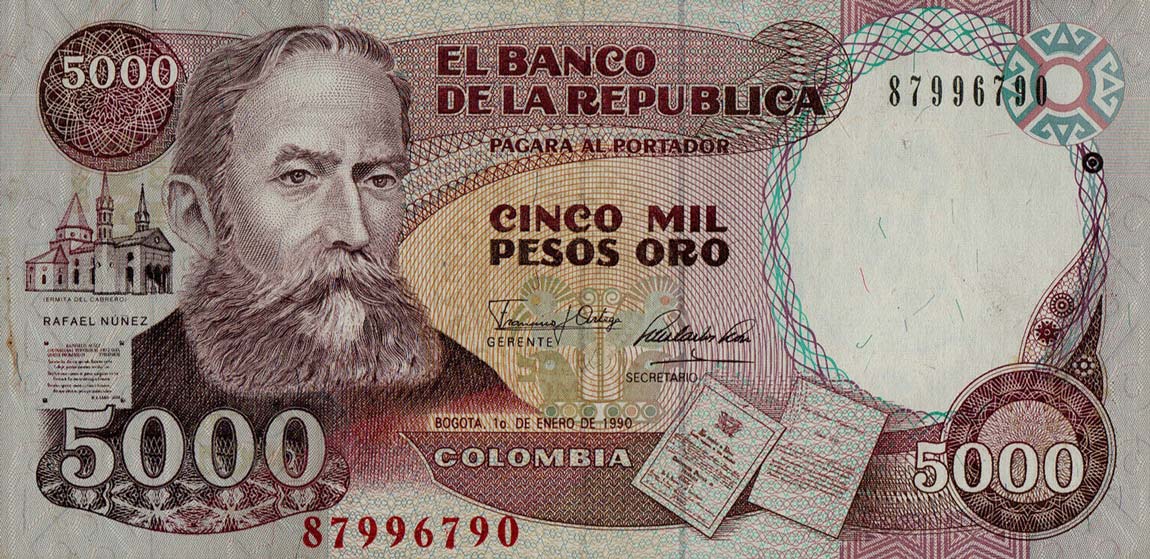 Front of Colombia p435c: 5000 Pesos Oro from 1990