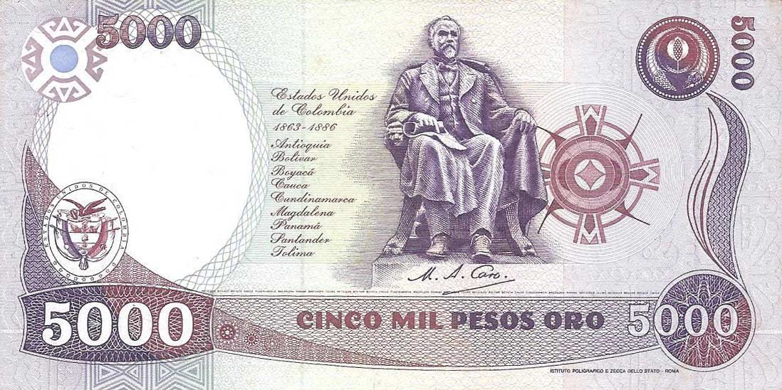 Back of Colombia p435s: 5000 Pesos Oro from 1988