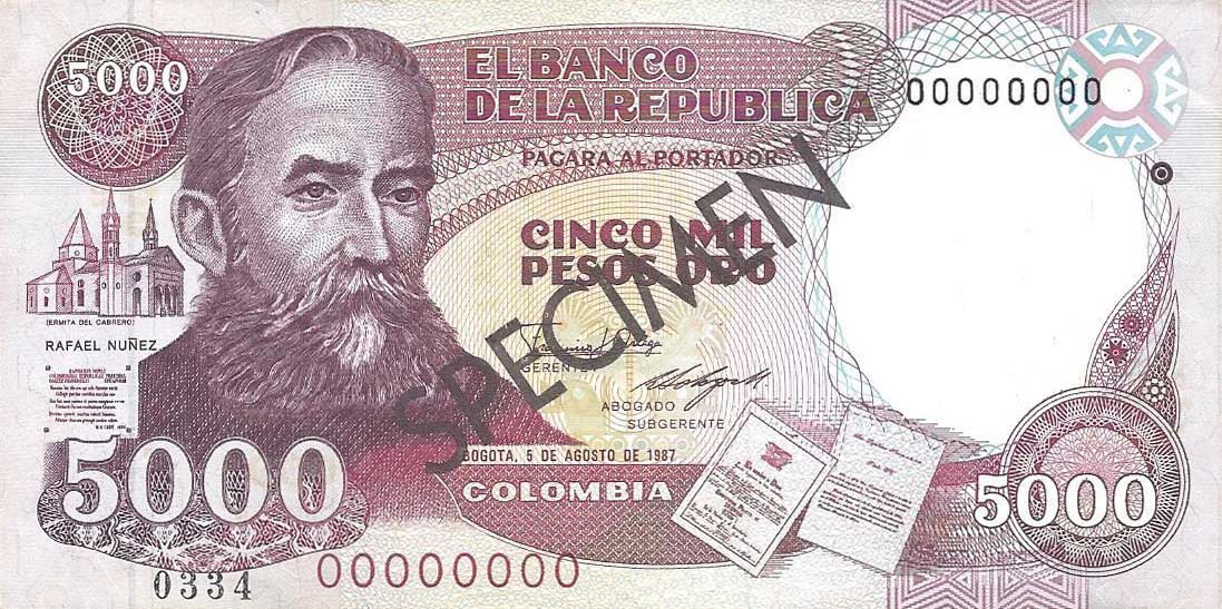 Front of Colombia p435s: 5000 Pesos Oro from 1988