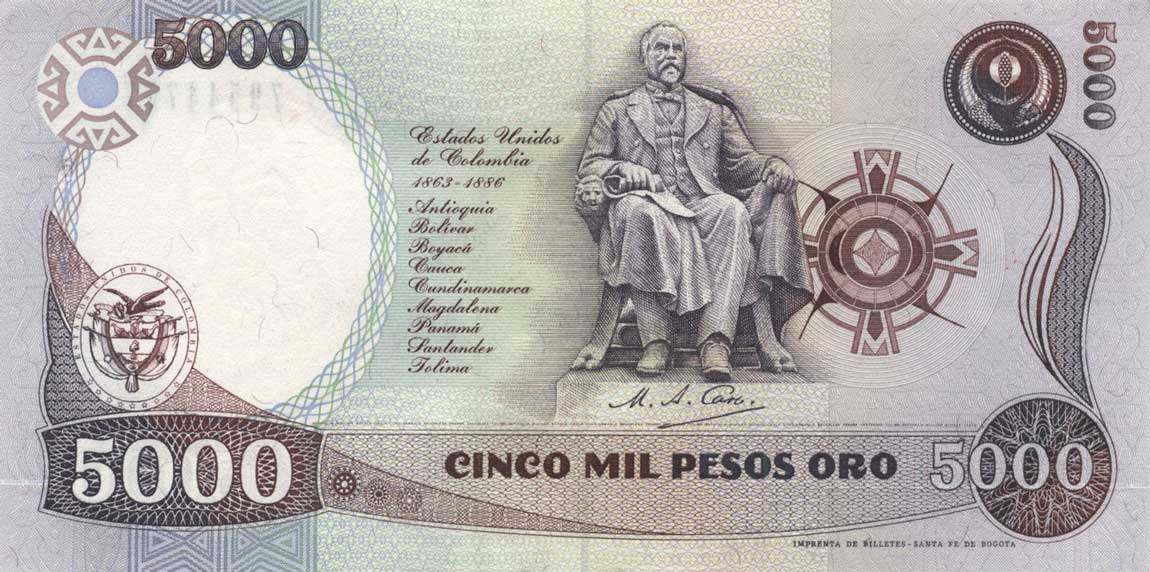 Back of Colombia p436A: 5000 Pesos Oro from 1992