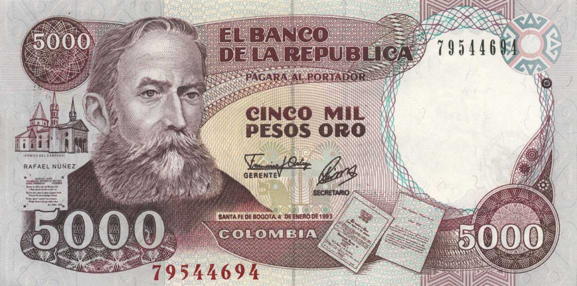 Front of Colombia p436A: 5000 Pesos Oro from 1992