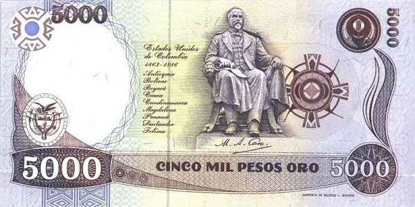 Back of Colombia p436: 5000 Pesos Oro from 1990