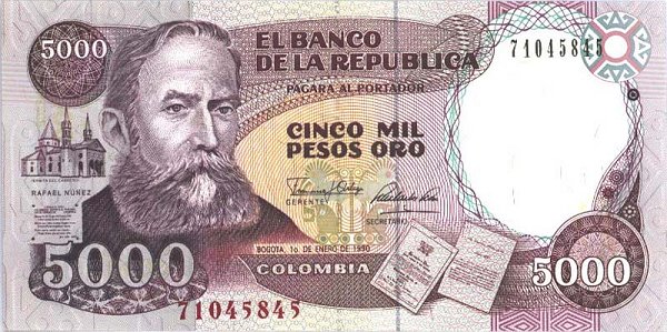 Front of Colombia p436: 5000 Pesos Oro from 1990