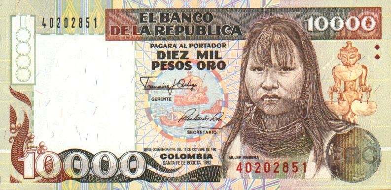 Front of Colombia p437a: 10000 Pesos Oro from 1992