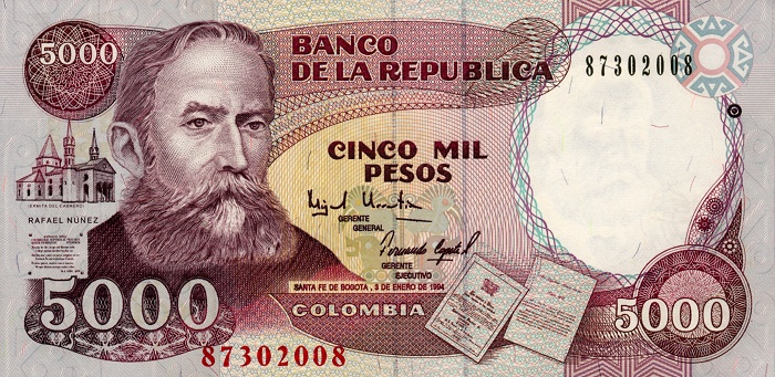 Front of Colombia p440: 5000 Pesos from 1994