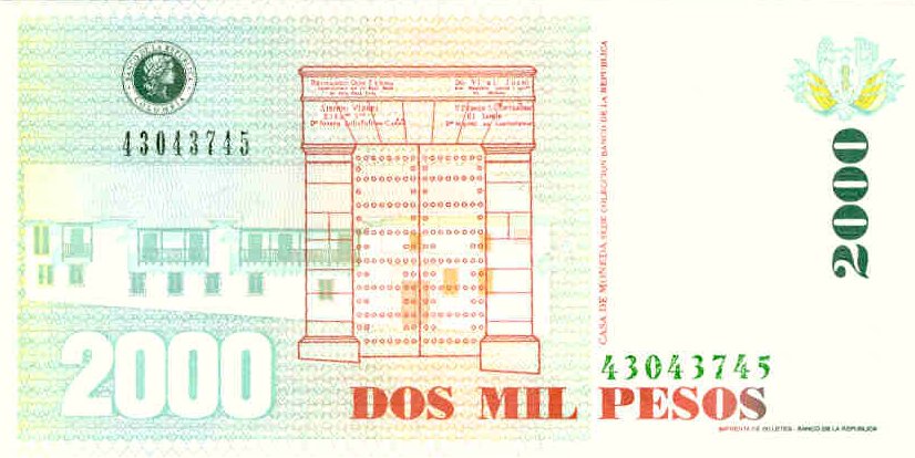 Back of Colombia p445a: 2000 Pesos from 1996