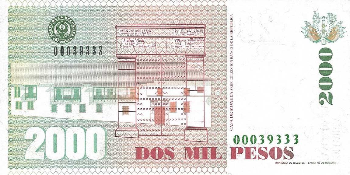 Back of Colombia p445b: 2000 Pesos from 1997