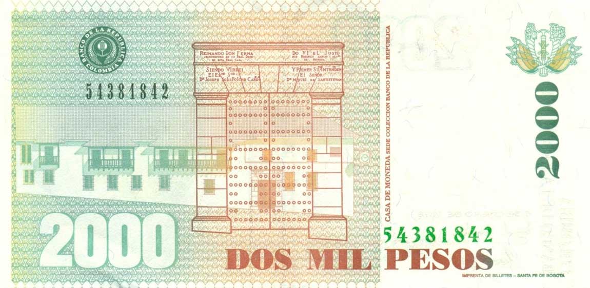 Back of Colombia p445c: 2000 Pesos from 1998