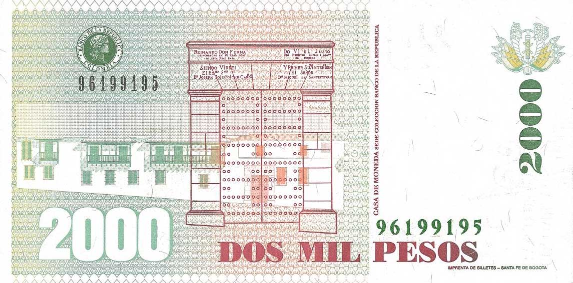 Back of Colombia p445f: 2000 Pesos from 1999