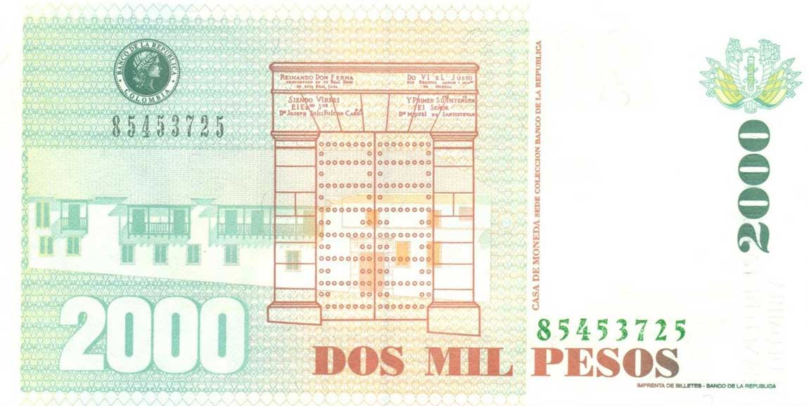 Back of Colombia p451e: 2000 Pesos from 2002