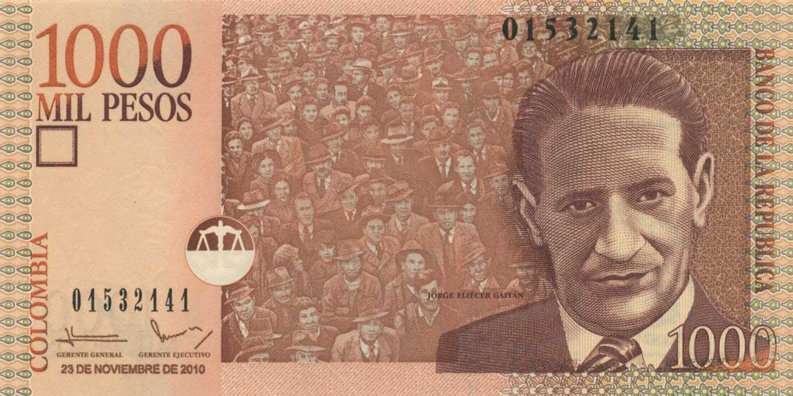 Front of Colombia p456m: 1000 Pesos from 2010