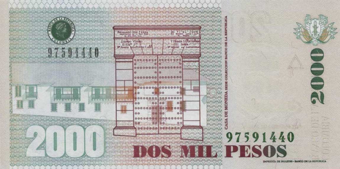 Back of Colombia p457b: 2000 Pesos from 2006