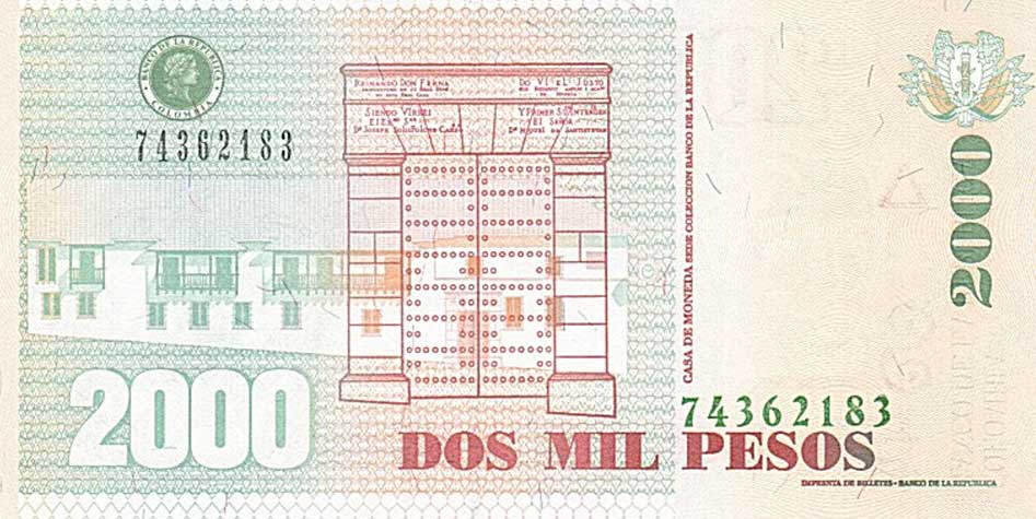 Back of Colombia p457h: 2000 Pesos from 2007