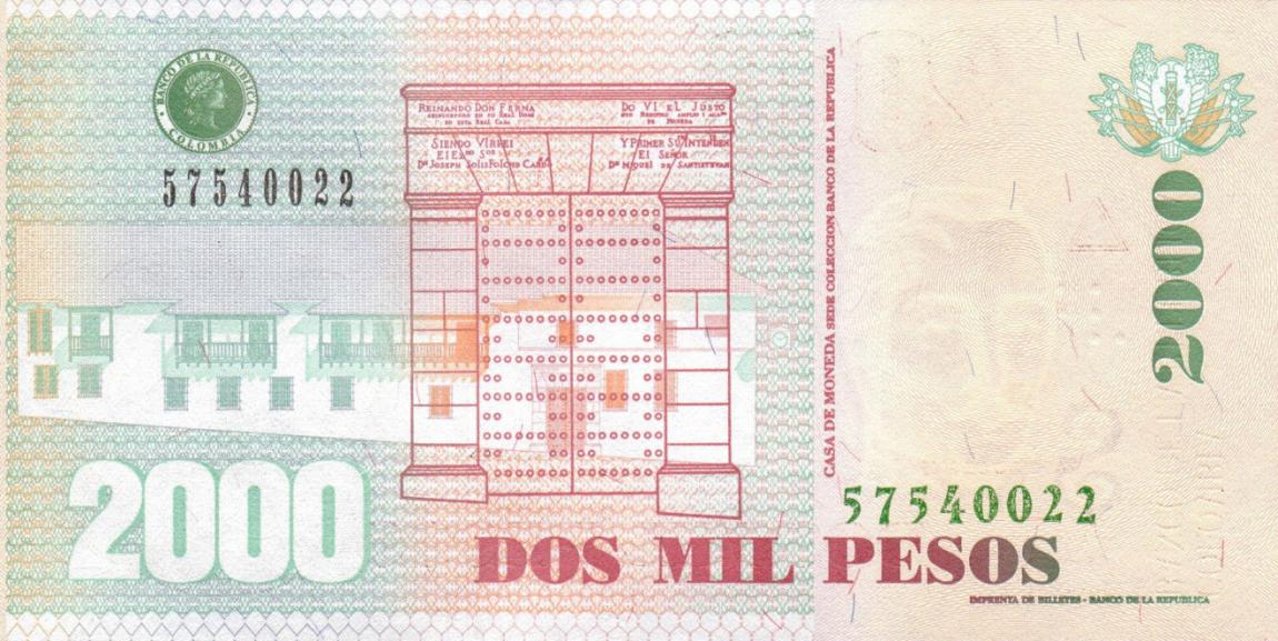 Back of Colombia p457j: 2000 Pesos from 2009