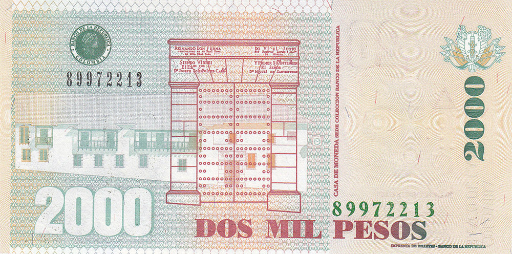 Back of Colombia p457l: 2000 Pesos from 2009