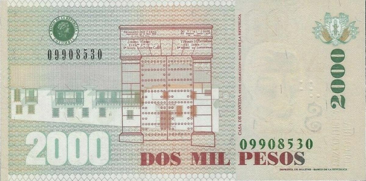 Back of Colombia p457p: 2000 Pesos from 2010