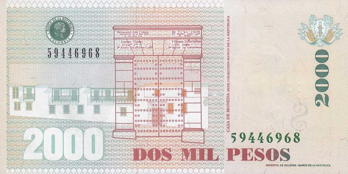 Back of Colombia p457t1: 2000 Pesos from 2012