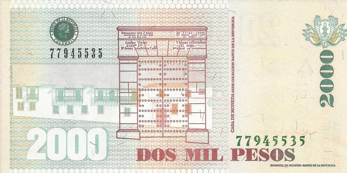 Back of Colombia p457u: 2000 Pesos from 2013