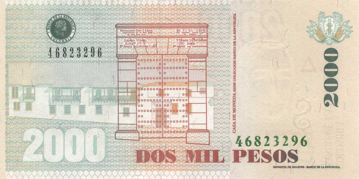Back of Colombia p457x: 2000 Pesos from 2014