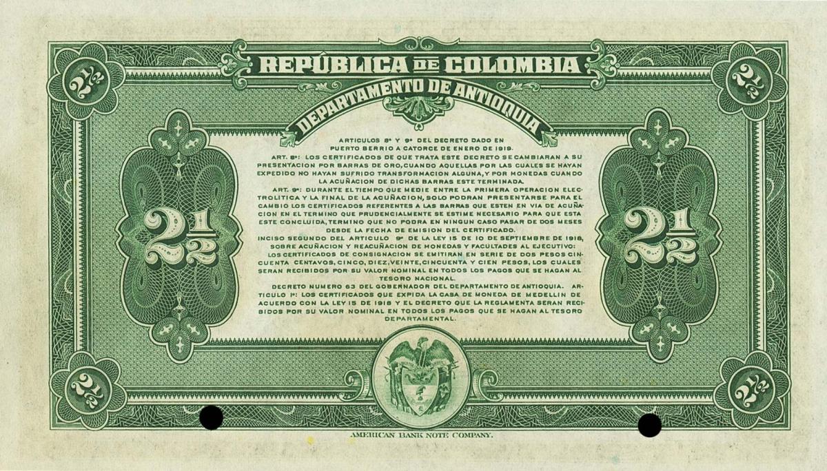 Back of Colombia pS1026s: 2.5 Pesos from 1919