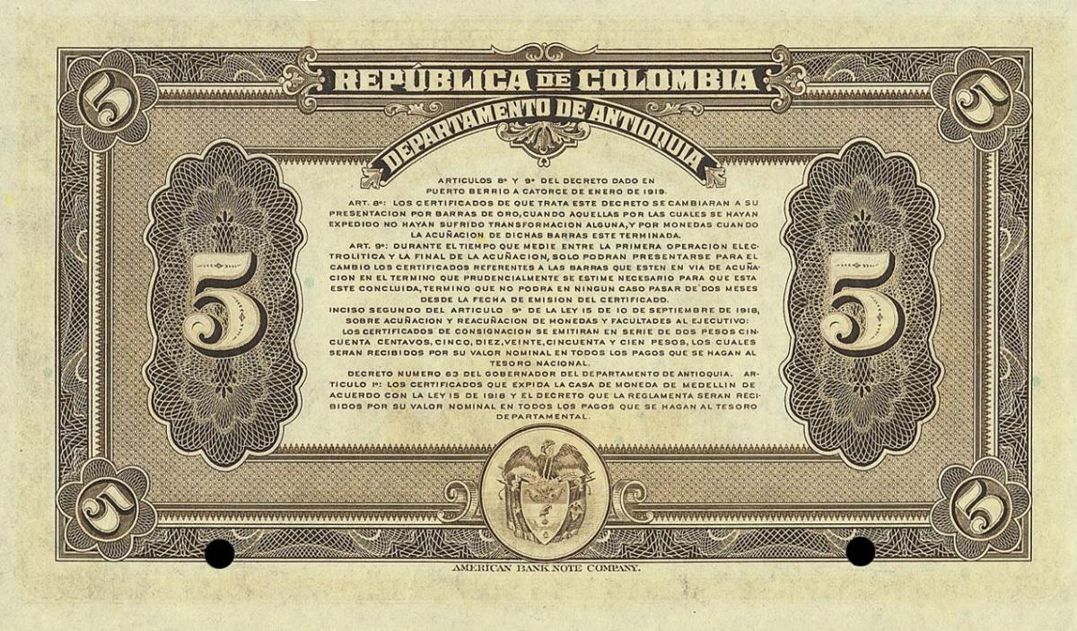 Back of Colombia pS1027s: 5 Pesos from 1919