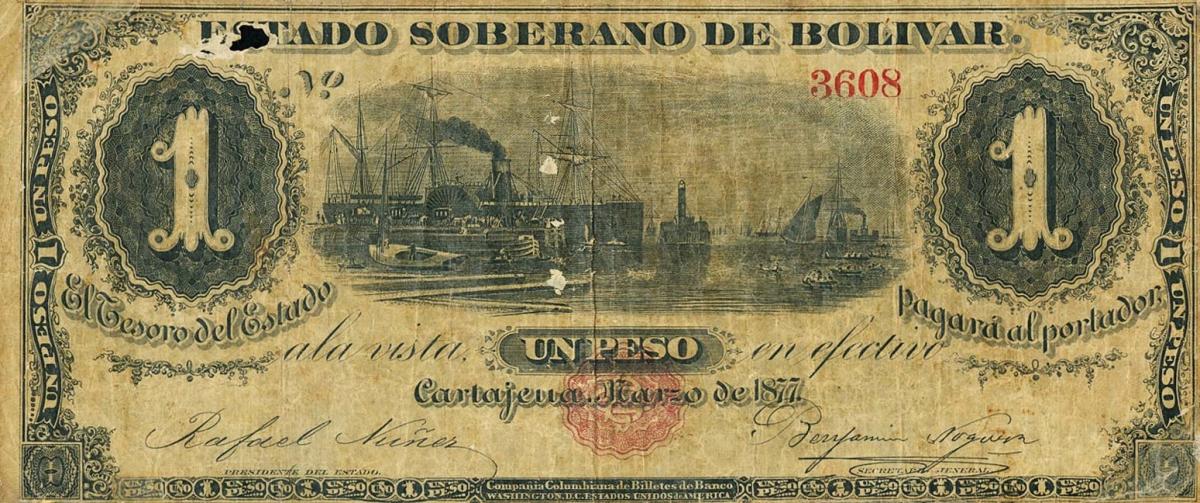 Front of Colombia pS106: 1 Peso from 1877