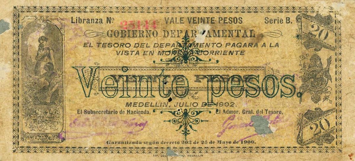 Front of Colombia pS1109: 20 Pesos from 1902