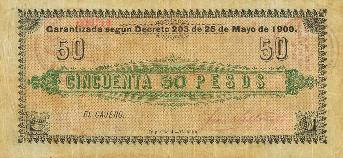 Back of Colombia pS1112: 50 Pesos from 1902